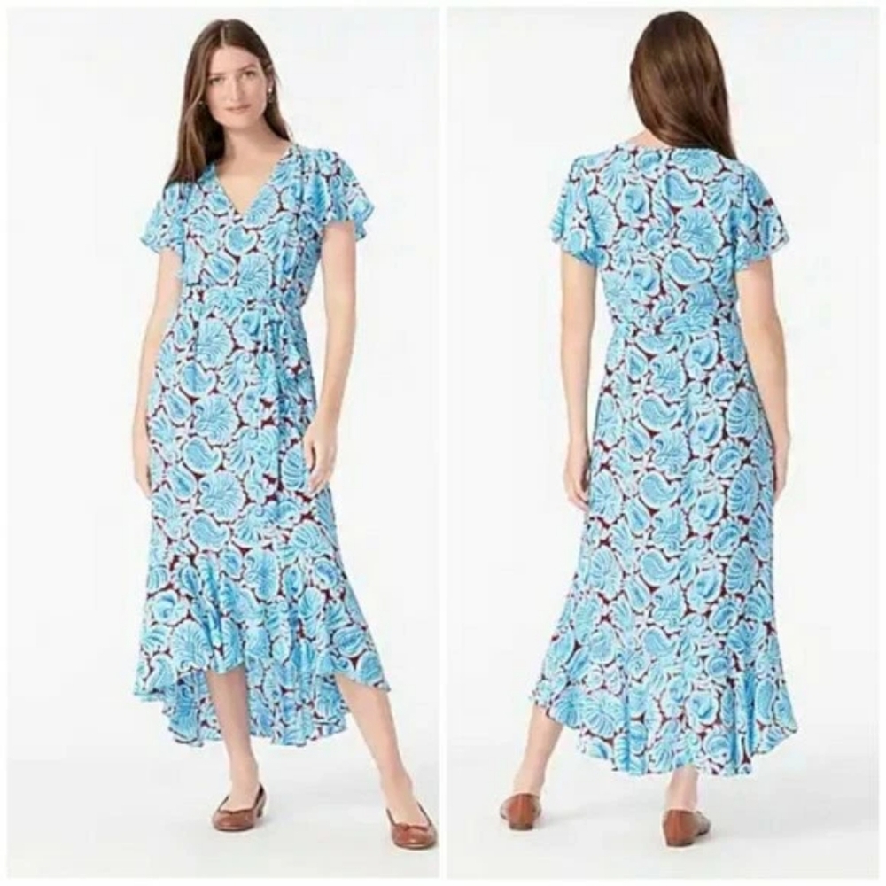 J. Crew Blue and White Wrap Maxi Dress with Flutter Sleeves